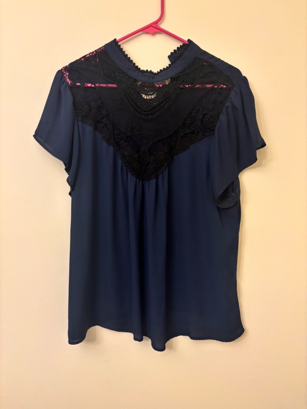 Navy Short Sleeve Blouse with Black Lace Yoke